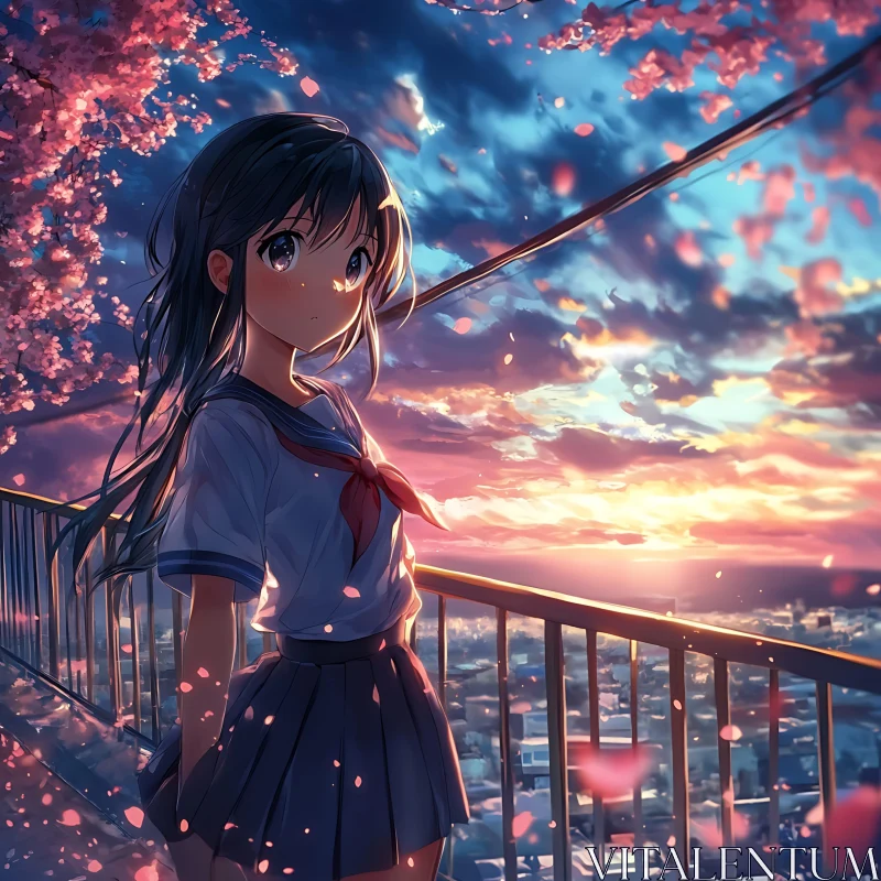 Sakura Sunset with Anime Girl on Balcony AI Image