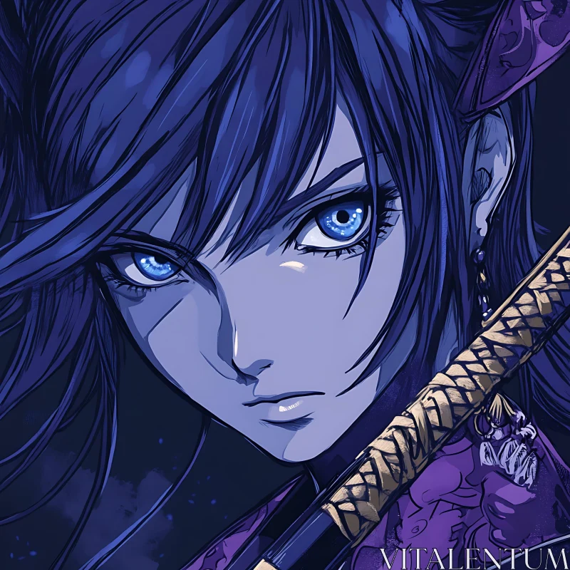 Fierce Anime Warrior with Purple Hair and Sword AI Image