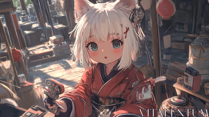 Anime Girl with Fox Ears in a Cluttered Workshop AI Image