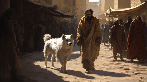 Cloaked Man Walking with Dog in Medieval Market