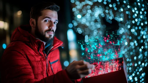 Man with Glowing Box and Bokeh Lights