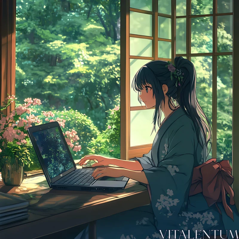 Calm Anime Artwork Featuring a Woman and Nature AI Image