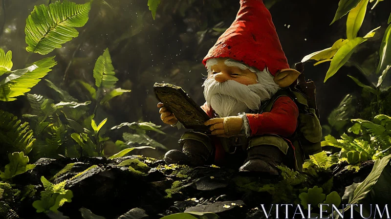 AI ART Forest Gnome Reading Stone Tablet