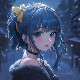 Blue-Haired Anime Girl in Snowy Night