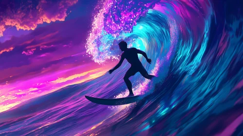 Neon Wave Surfing Silhouette