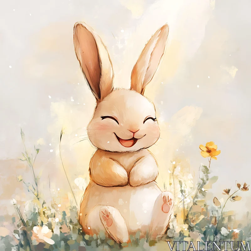 Smiling Rabbit in Flower Meadow AI Image