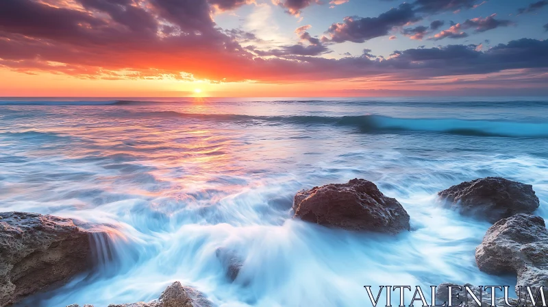 Coastal Sunset Scene with Rocks and Waves AI Image