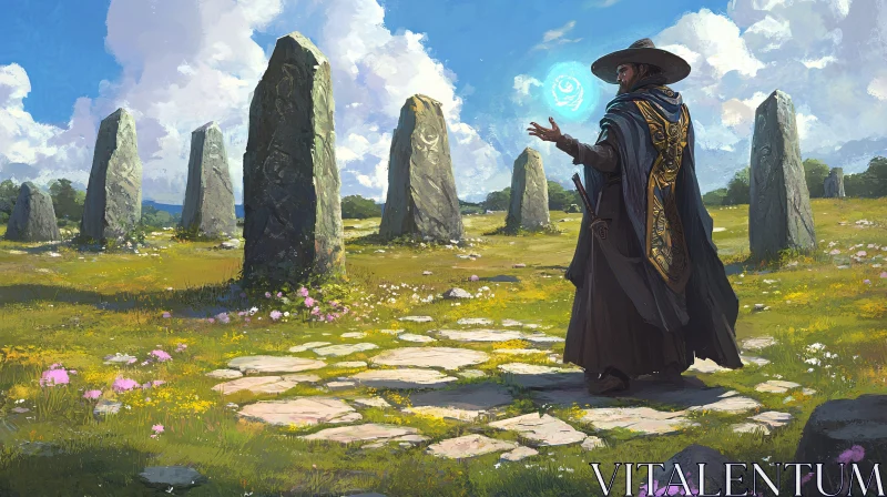 Enchanting Wizard Scene with Ancient Stones AI Image