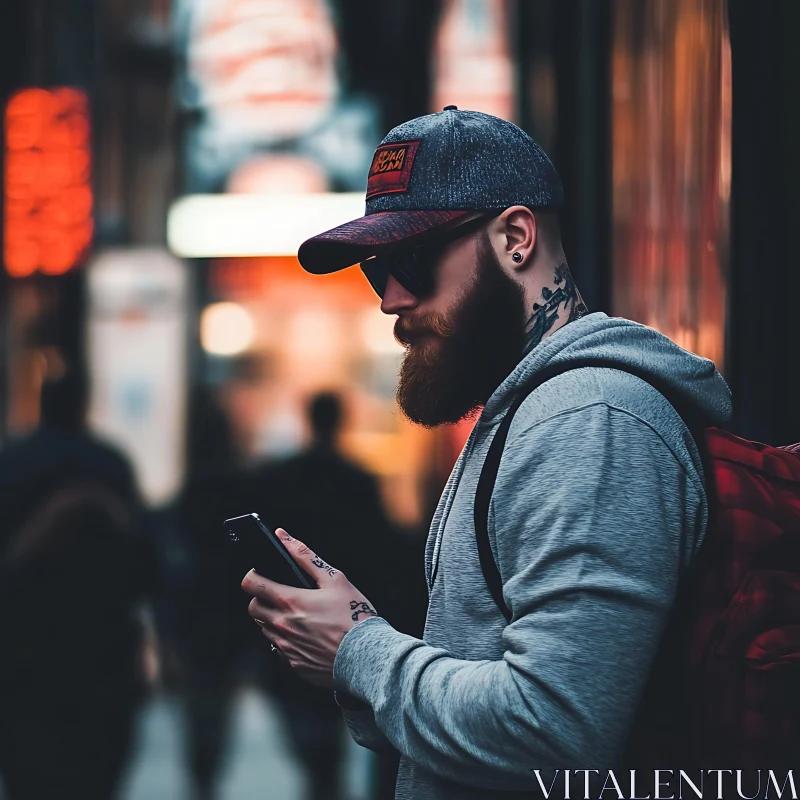 Bearded Man with Phone in Urban Setting AI Image