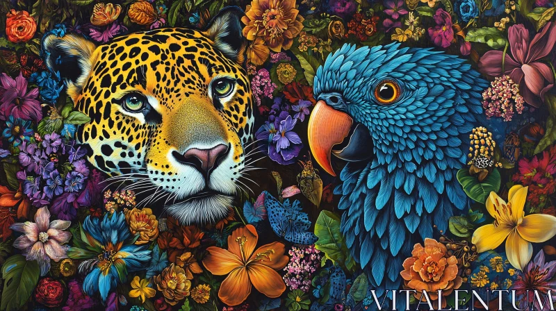 Jungle Duo: Jaguar and Parrot Portrait AI Image