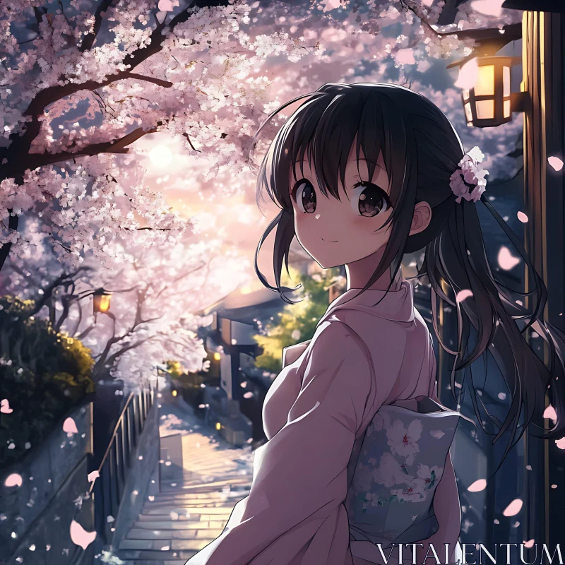 Anime Girl in Kimono amidst Blossoming Cherry Trees AI Image