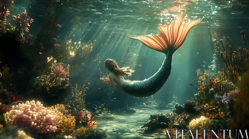 AI ART Mystical Mermaid Swimming in Coral Reef