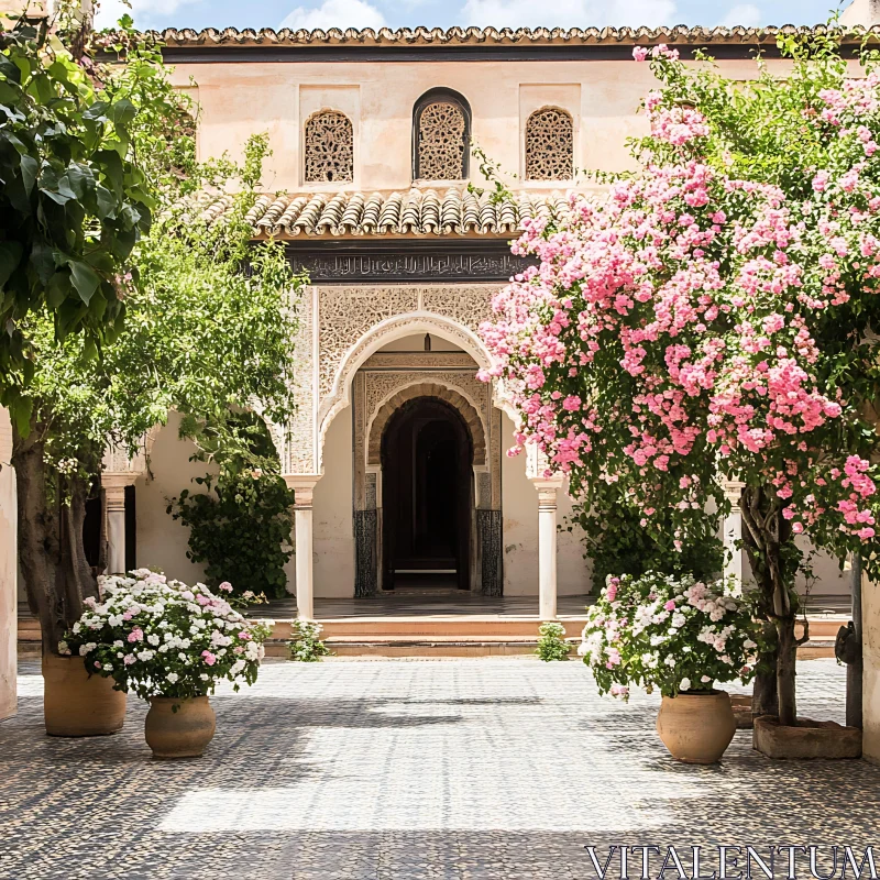 Mediterranean Courtyard with Floral Arrangements AI Image