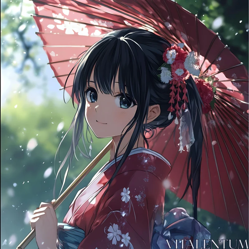 Traditional Anime Girl with Floral Kimono AI Image