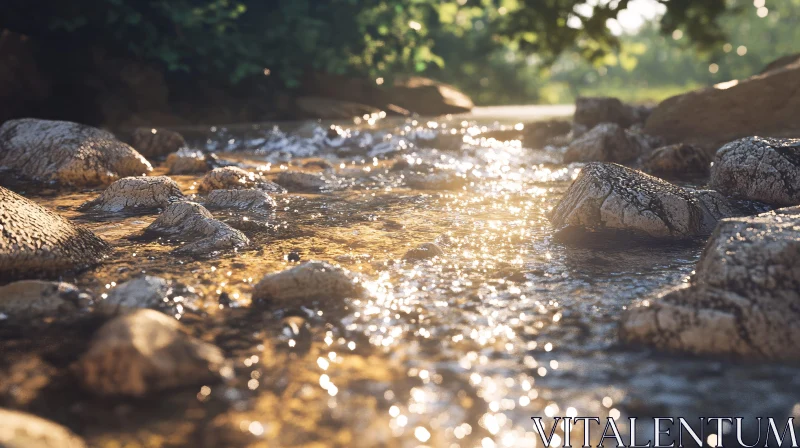 Serene Sunlit Stream with Forest Surroundings AI Image