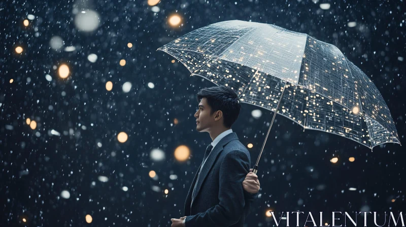 Man in Suit Under Illuminated Umbrella AI Image