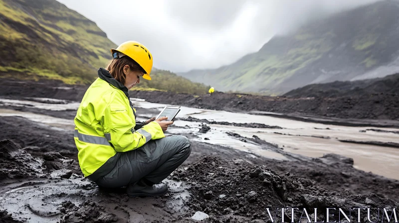 Woman Inspecting Landscape with Tablet AI Image