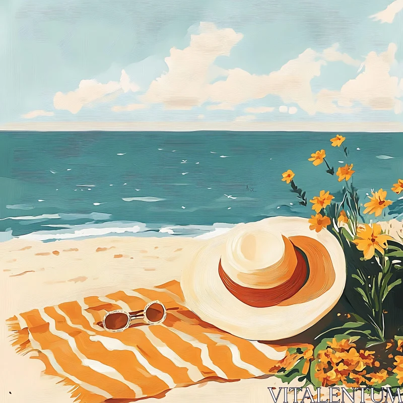 AI ART Seaside Serenity with Hat and Flowers