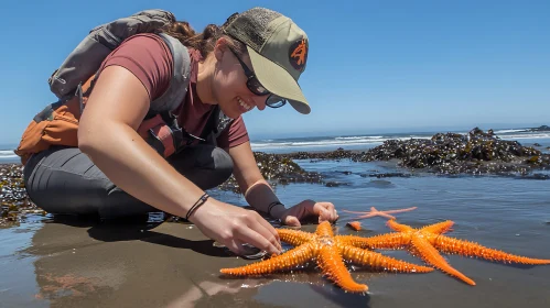 Woman Examining Starfish by the Sea