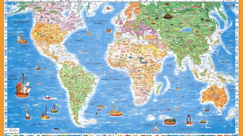 Whimsical World Map with Ships