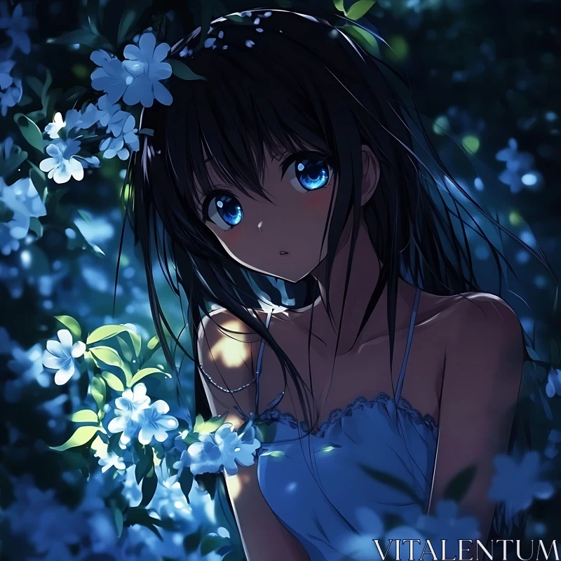 Serene Anime Girl Surrounded by White Flowers AI Image