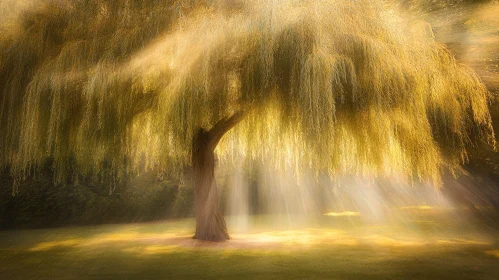 Majestic Willow Tree Under Golden Sunlight