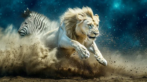 Leaping Lion with Zebra Backdrop