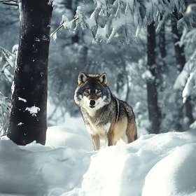 Lone Wolf in Snowy Woods