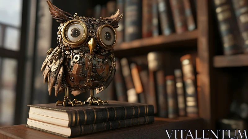 AI ART Mechanical Owl on Antique Books