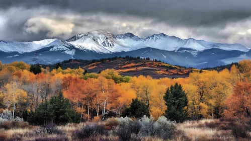 Snowy Peaks Overlooking Autumn Forest