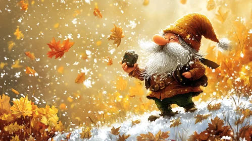 Whimsical Gnome in Falling Leaves