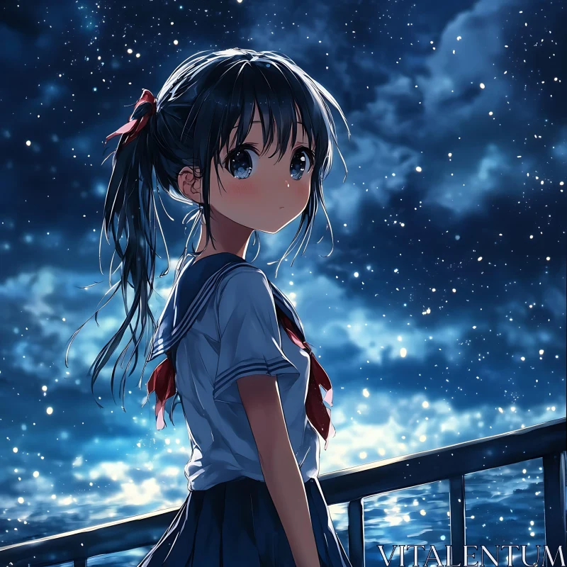 Starry Night Ocean View with Anime Girl in Sailor Uniform AI Image