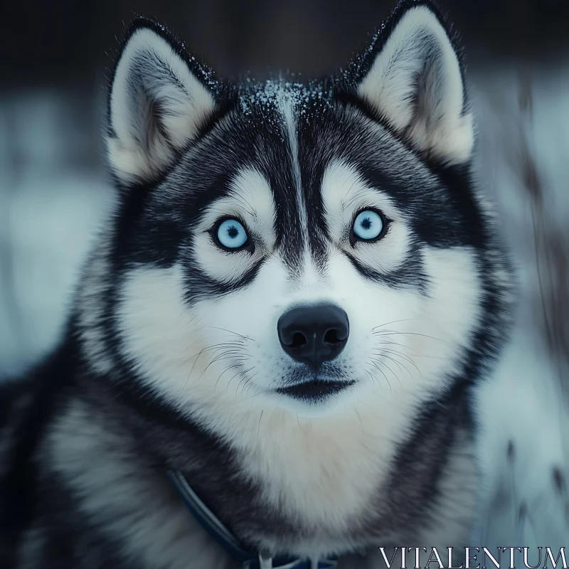 Siberian Husky with Blue Eyes in Winter Landscape AI Image