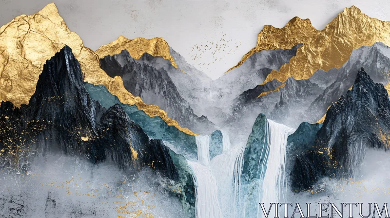 Golden Peaks and Waterfalls Mountain Scenery AI Image