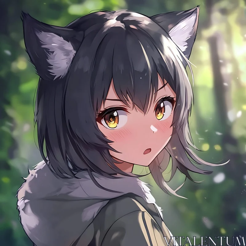 AI ART Wolf-Eared Anime Girl in Sunlit Forest