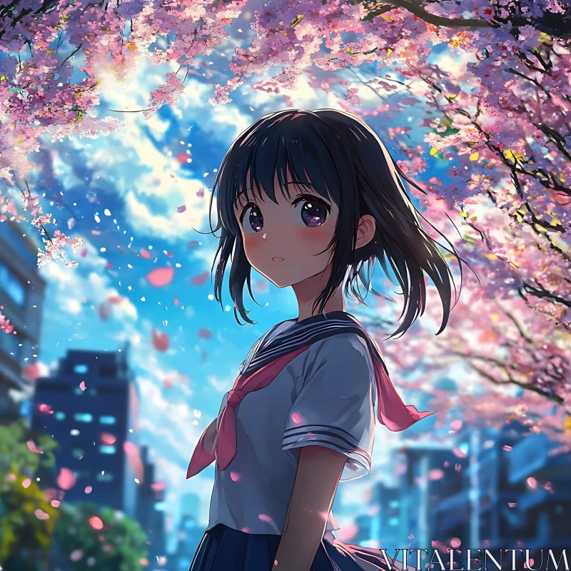 Schoolgirl Amidst Cherry Blossoms AI Image