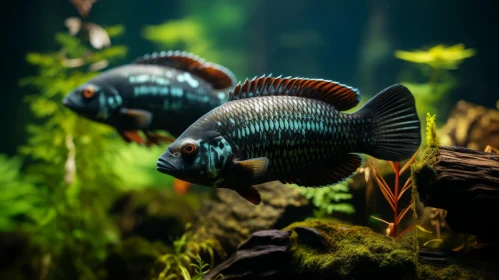 Tropical Aquarium Photography: Two Black Fish Swimming with Bronze Tones