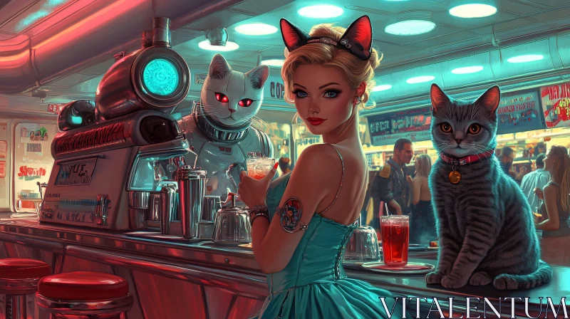 Cyborg Cats and Retro Diner AI Image