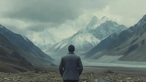 Man Facing Snow-Capped Mountains