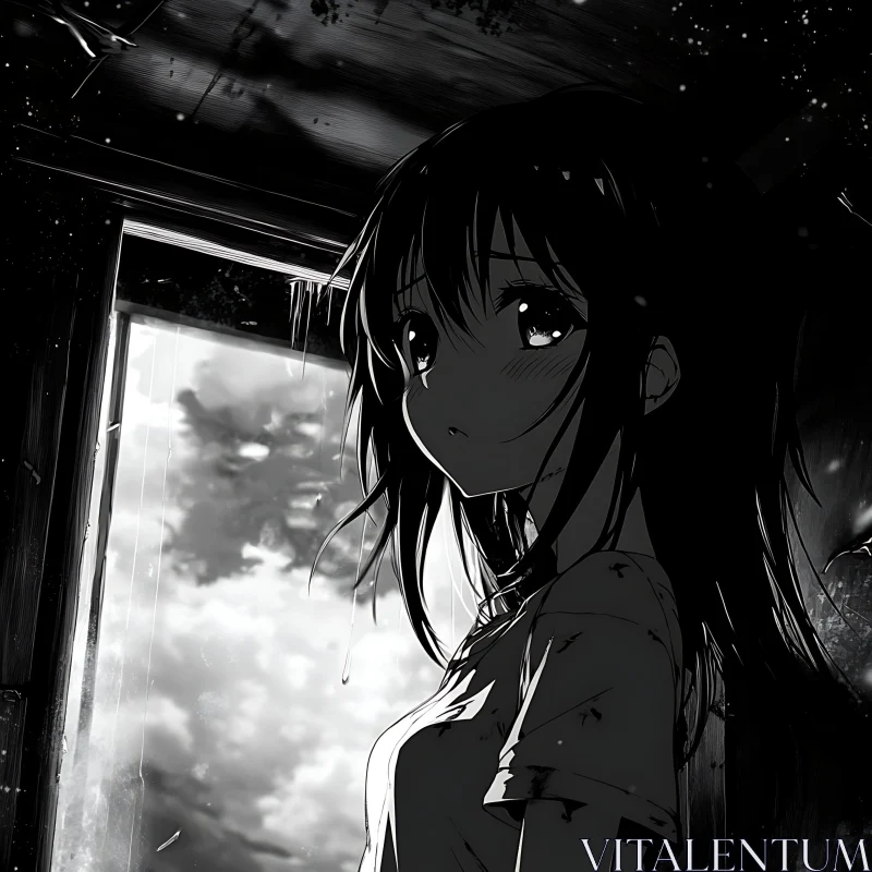 Contemplative Anime Art in Monochrome AI Image