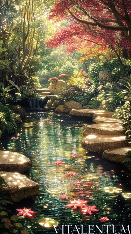 Tranquil Garden Pond with Sunlit Stepping Stones AI Image