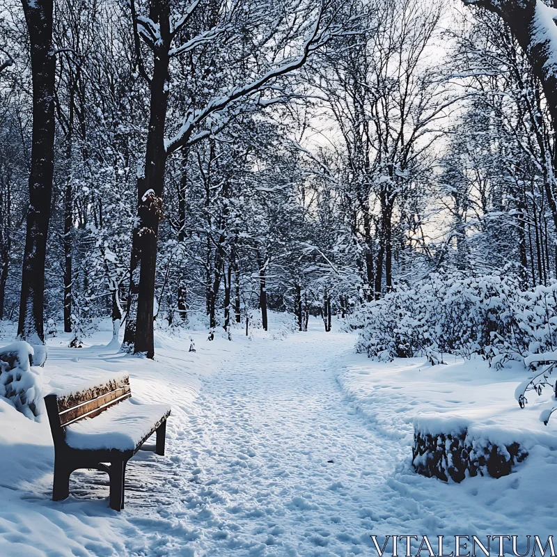 Tranquil Snowy Forest with Bench on Path AI Image