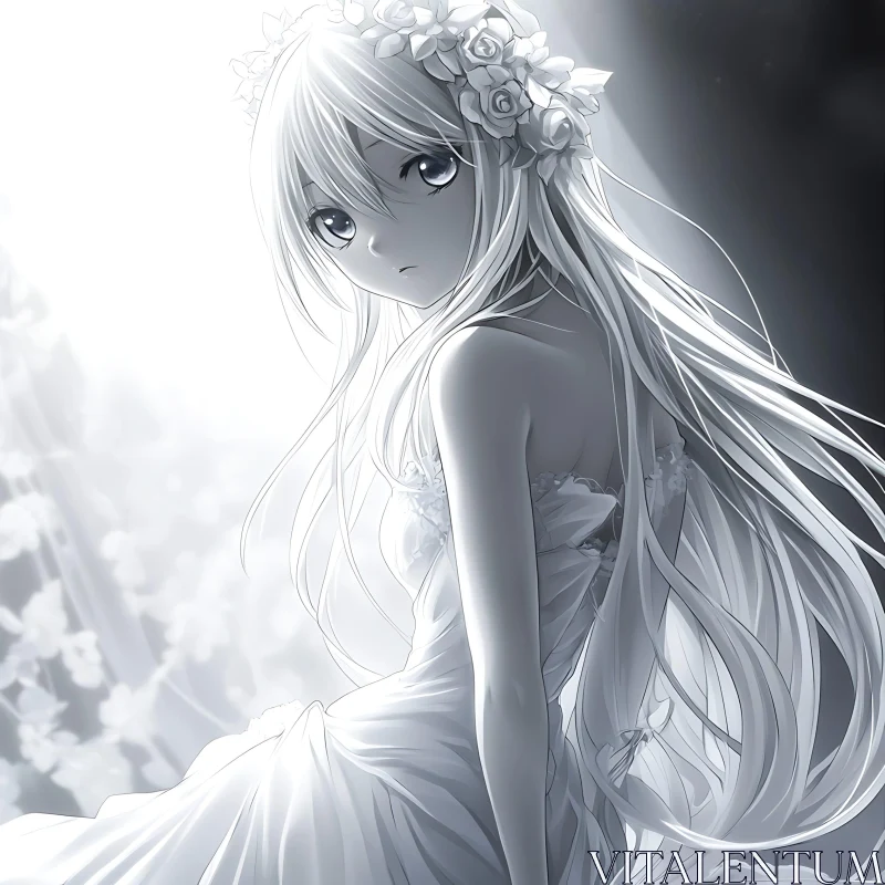 Sad Anime Girl with Long Hair and Flowers AI Image