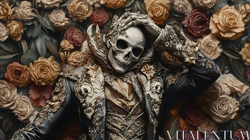 Skeleton in Roses: A Morbid Beauty AI Image