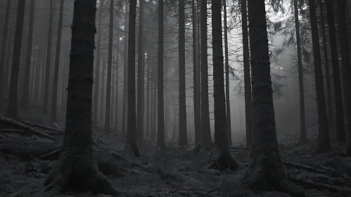 Eerie Foggy Woods with Tall Trees