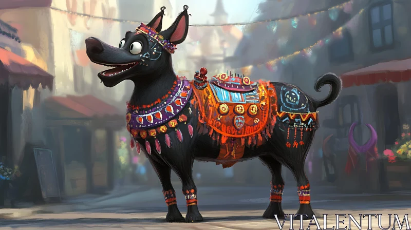 Colorful Animated Dog in Festive Costume AI Image