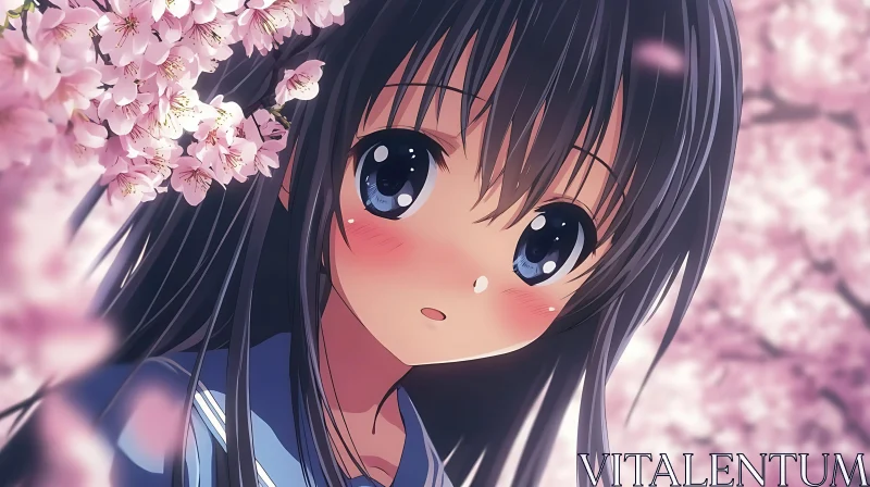 Cherry Blossom Anime Girl with Blue Eyes AI Image