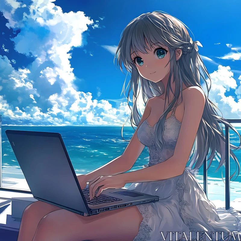 Seaside Anime Girl with Laptop AI Image