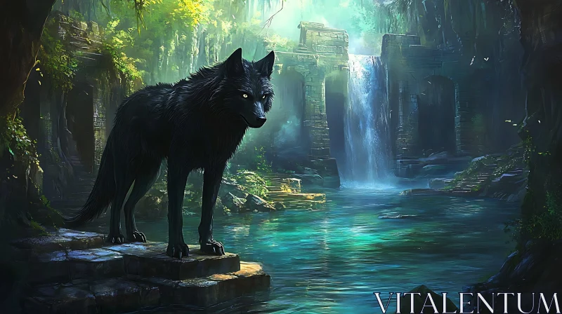 AI ART Serene Wolf Landscape with Waterfall