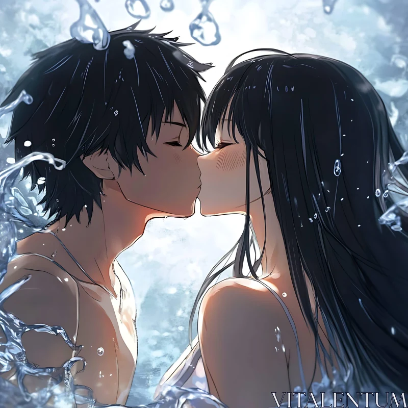 AI ART Anime Romance: Tender Kiss Amidst Water Splash